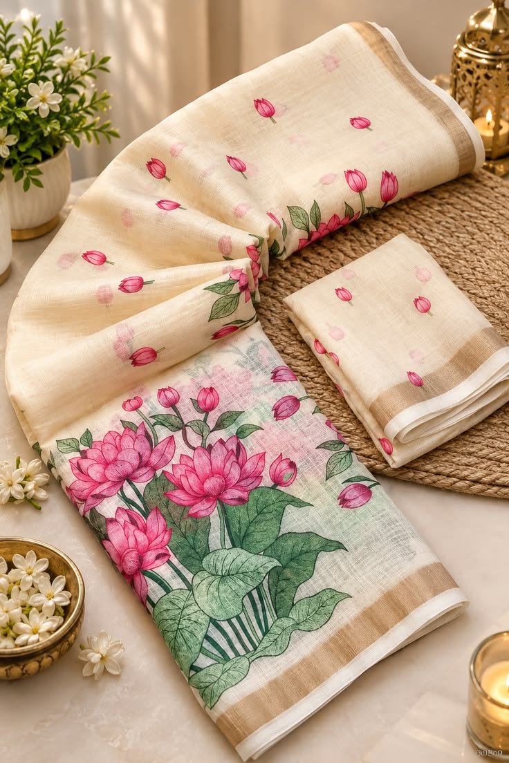 Premium floral design linen saree c14